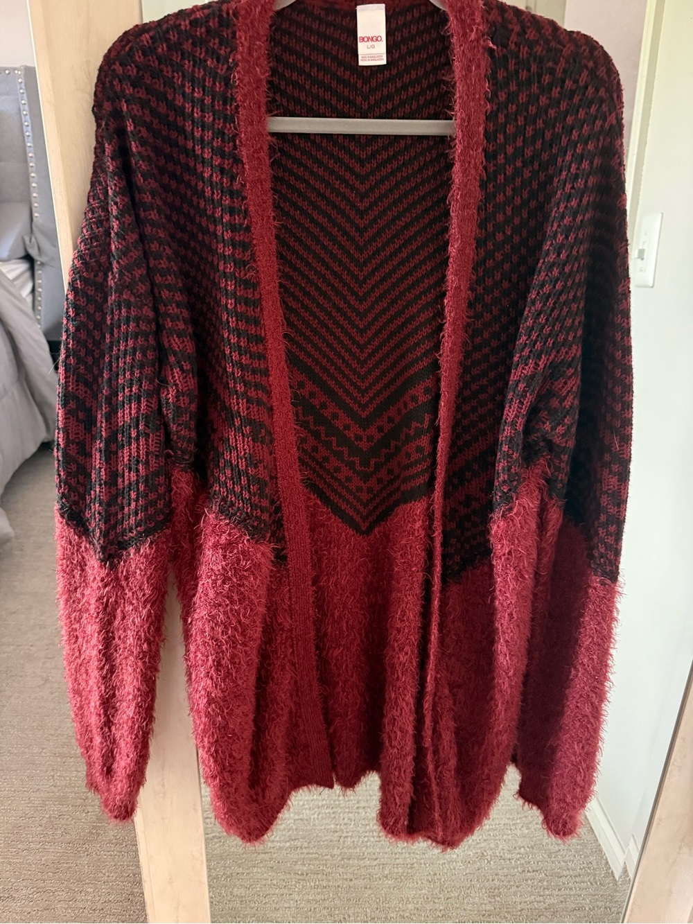 BONGO Red and Black Fuzzy Open-Front Cardigan